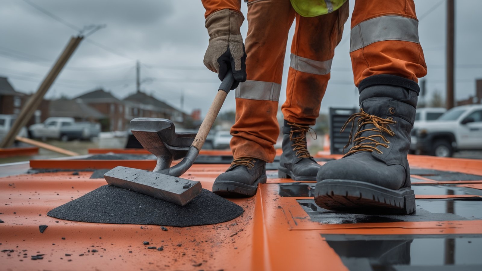 Professional roofing contractor inspecting damaged roof to determine repair or replacement needs