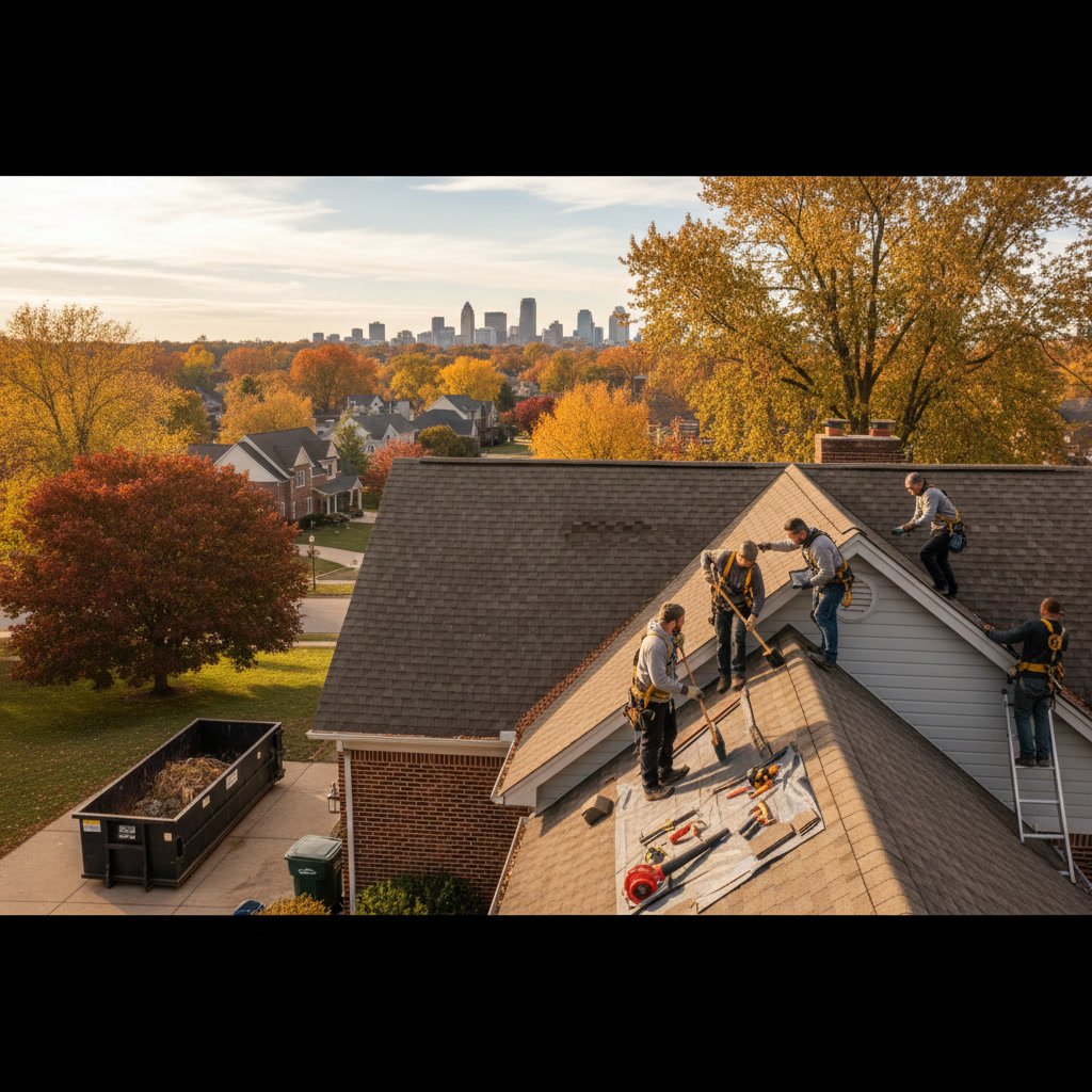 Professional roofer inspecting shingles during routine roof maintenance in Dayton Ohio