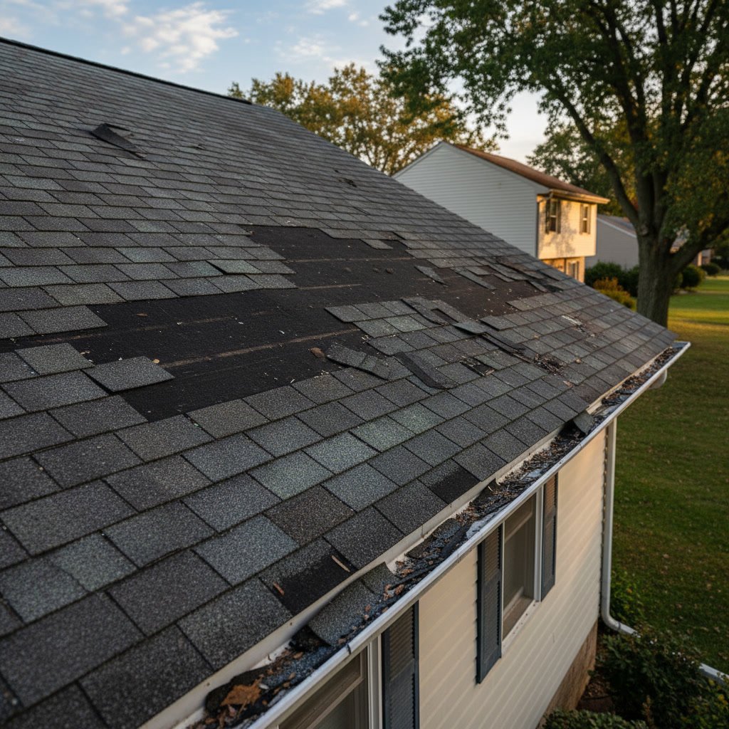 Close-up view of missing and damaged asphalt shingles on Fairborn residential roof