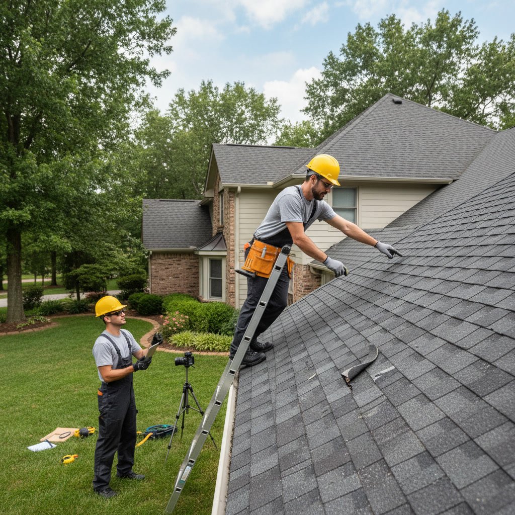 Roofing contractor inspecting roof decking and underlayment during replacement project