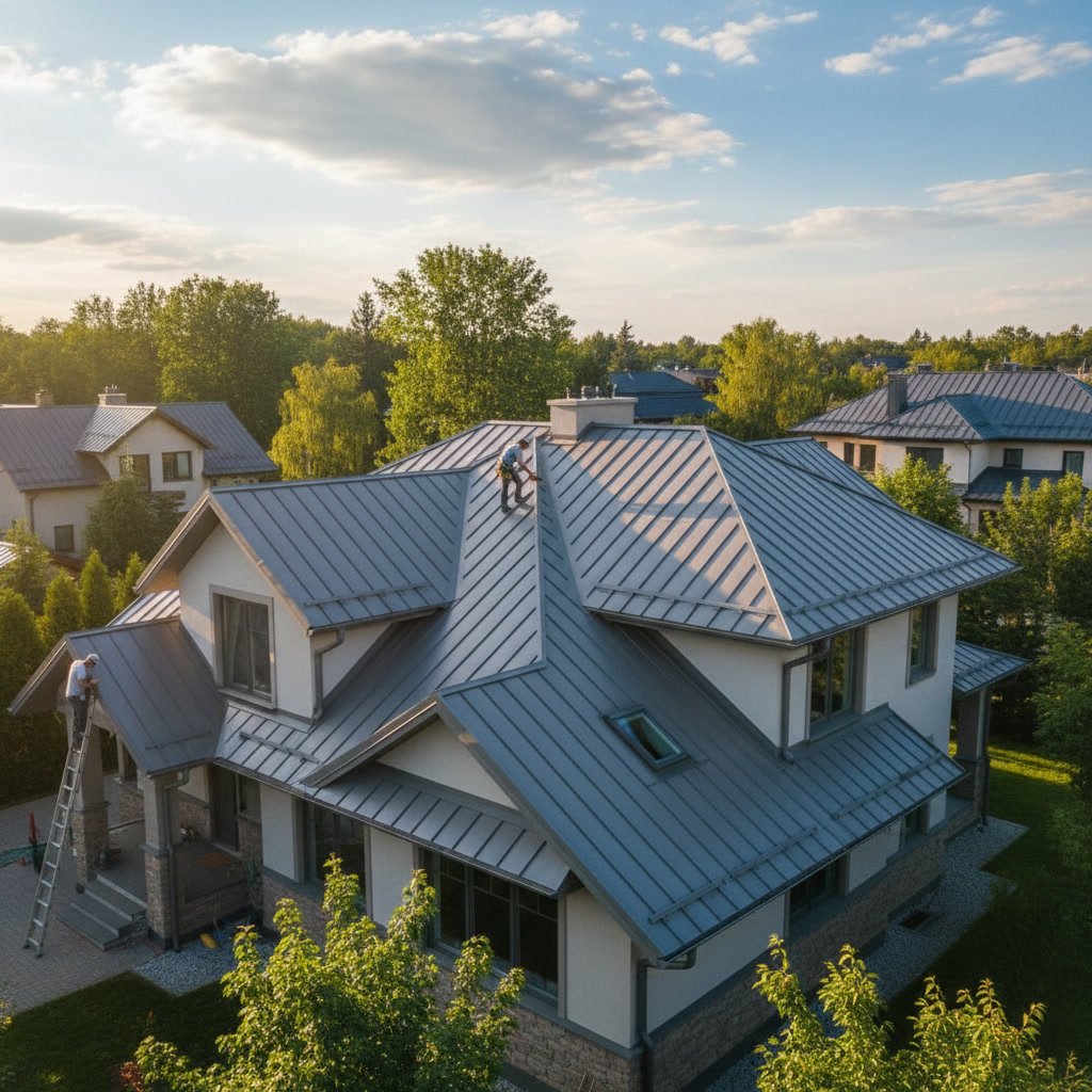Close-up of roof maintenance inspection showing gutter cleaning and debris removal in Dayton
