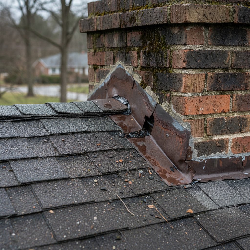 Corroded roof flashing around chimney showing common residential roofing problems