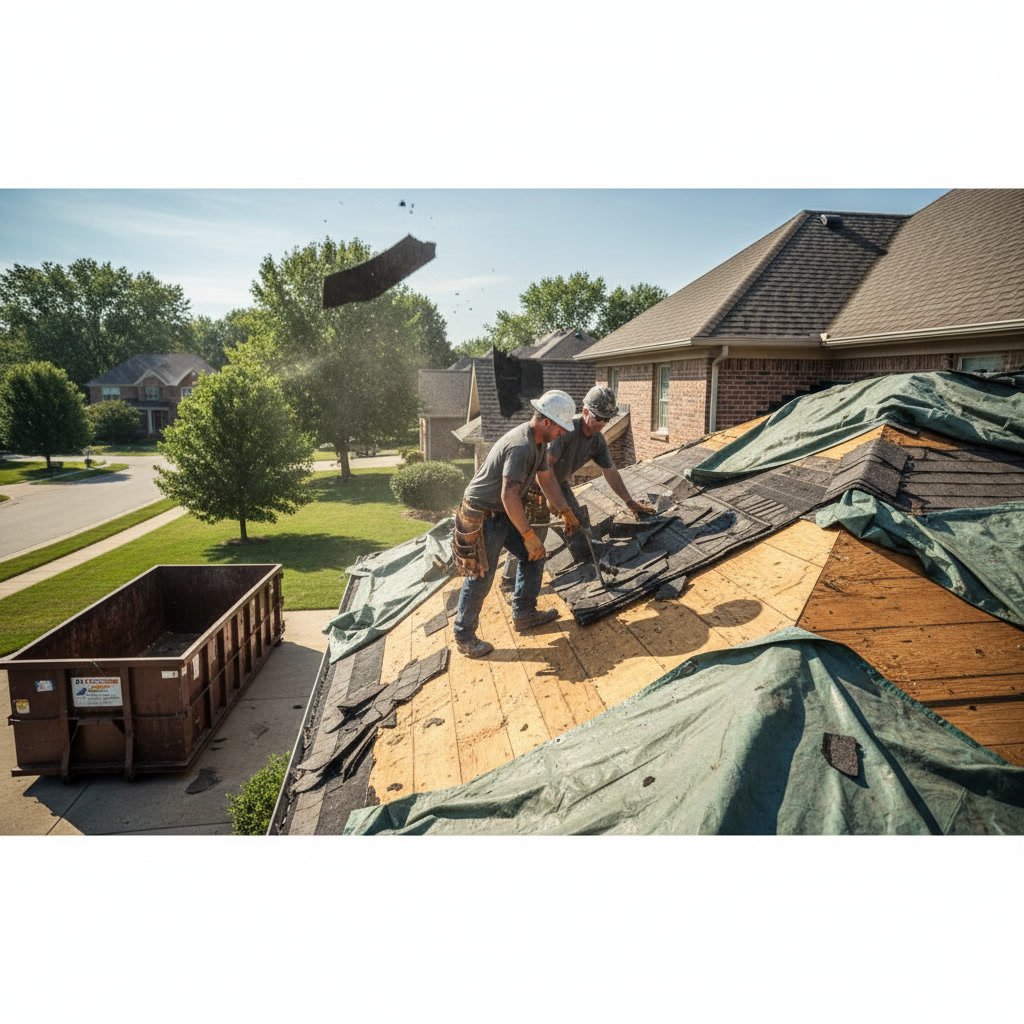 Roof tear-off in progress showing exposed decking and debris removal