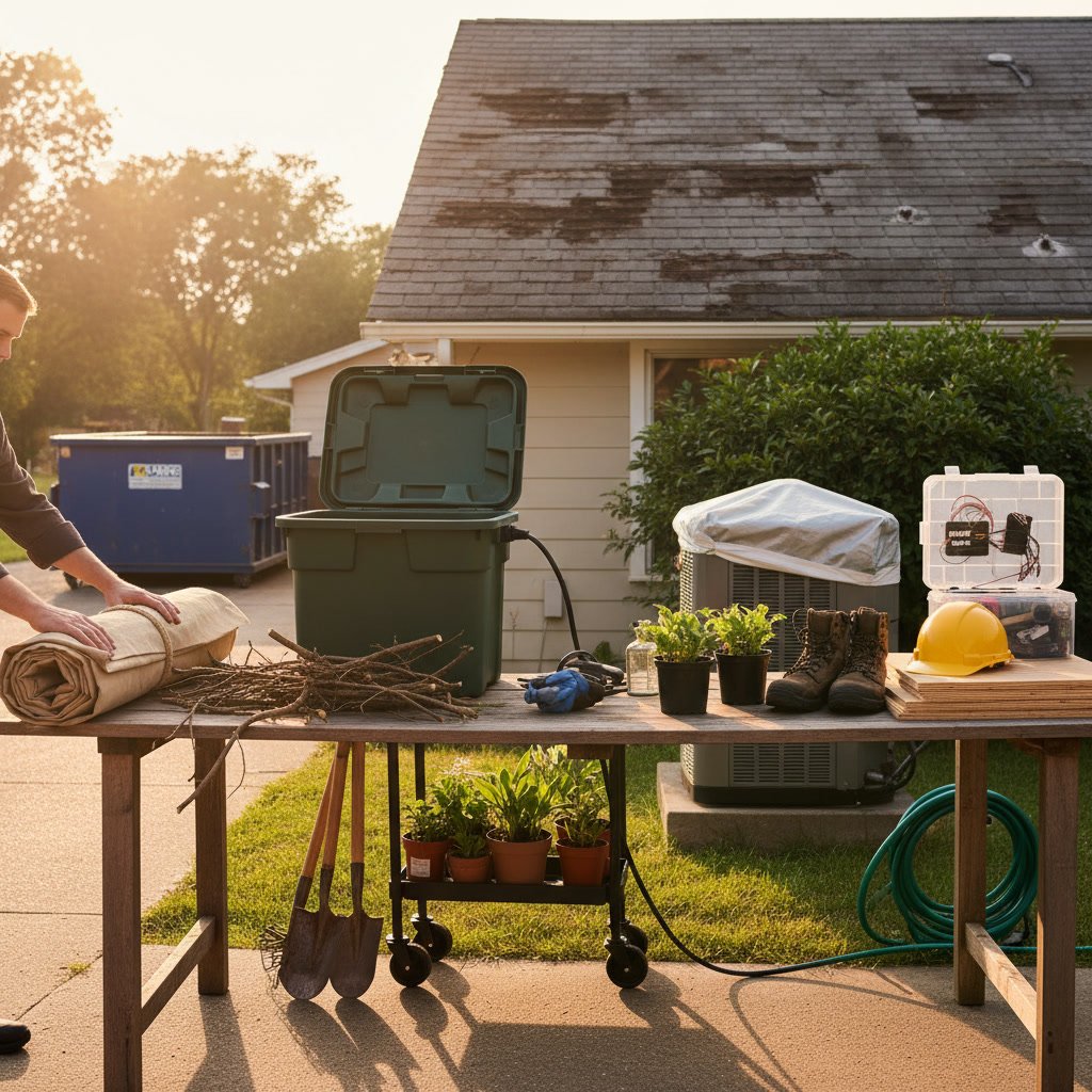 Roofing contractor crew preparing materials and equipment for roof installation