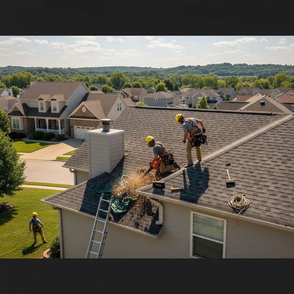 Dayton roofing contractor performing seasonal roof maintenance inspection on residential home