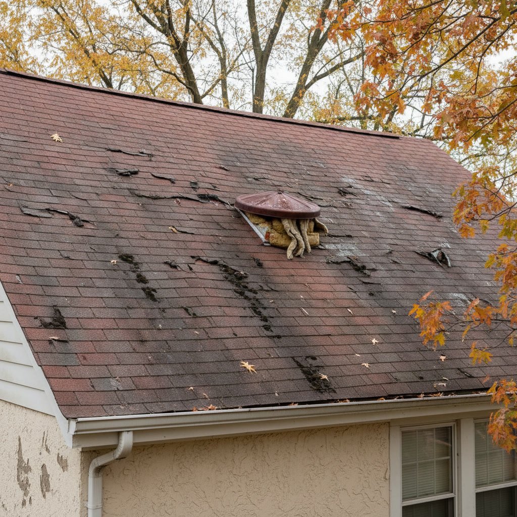 Attic ventilation inspection showing moisture damage on roof decking in Fairborn home