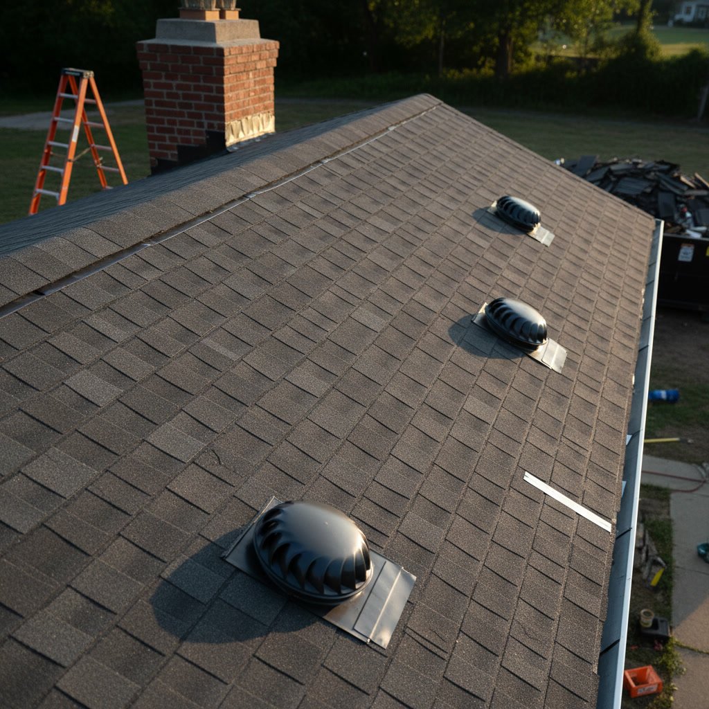 Finished roof installation showing ridge cap shingles and proper flashing details