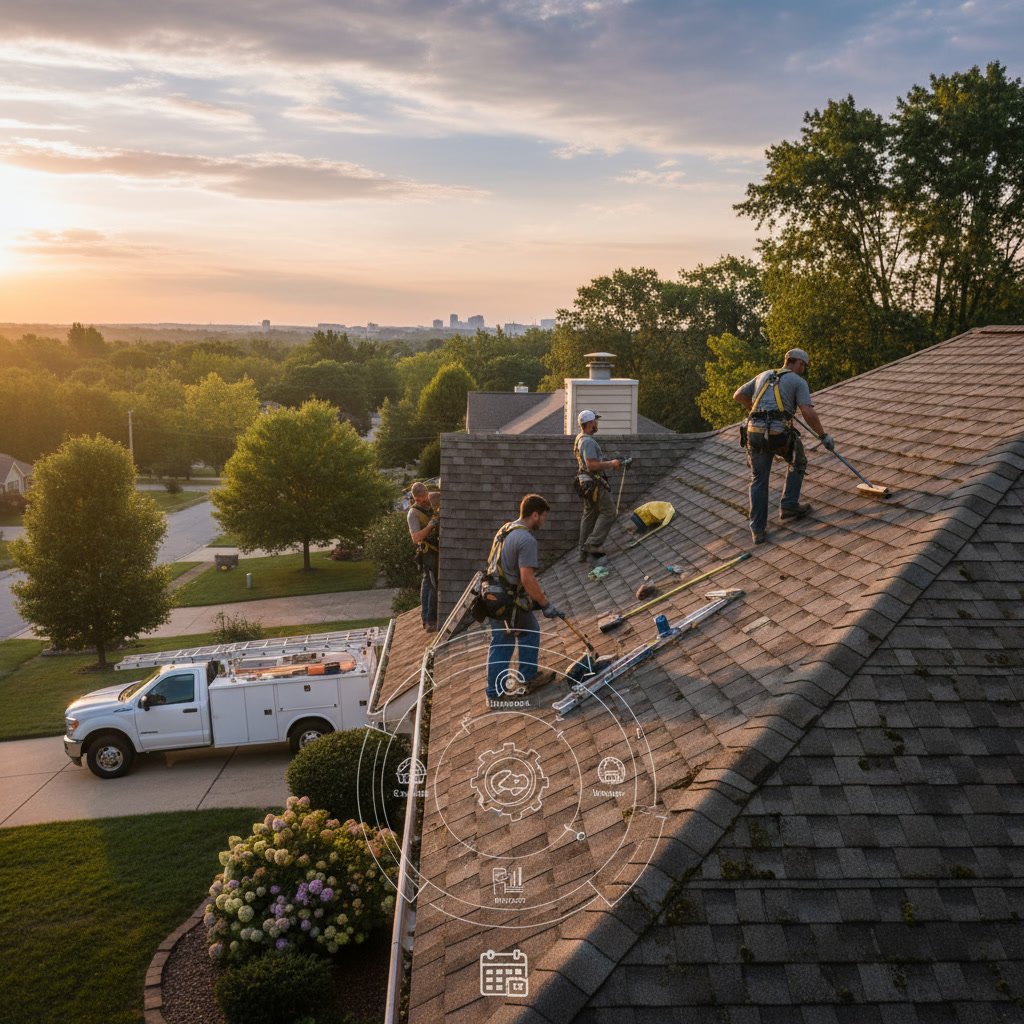 Professional roof maintenance inspection being performed on Dayton Ohio residential home