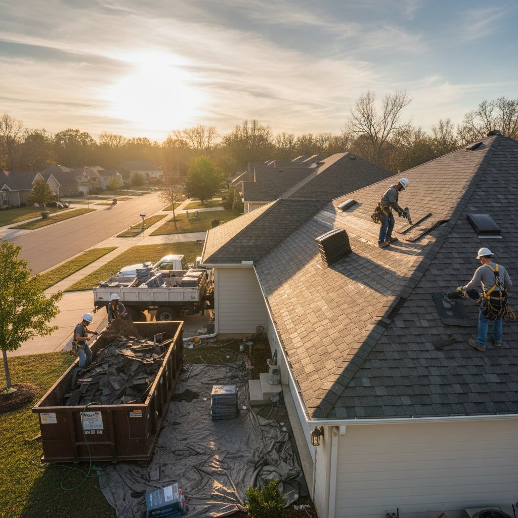 Professional roofing crew installing new shingles on residential roof in Dayton Ohio