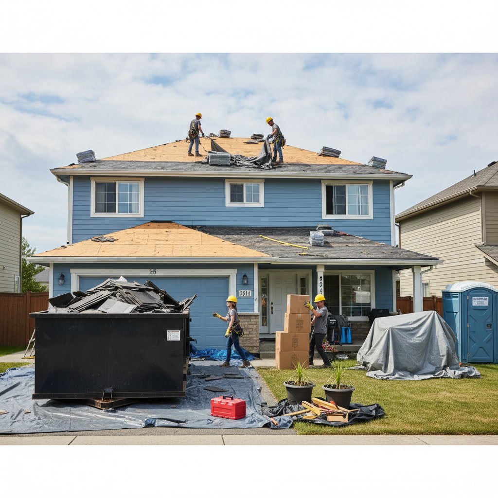 Professional roofing crew preparing residential home for roof replacement project in Dayton Ohio