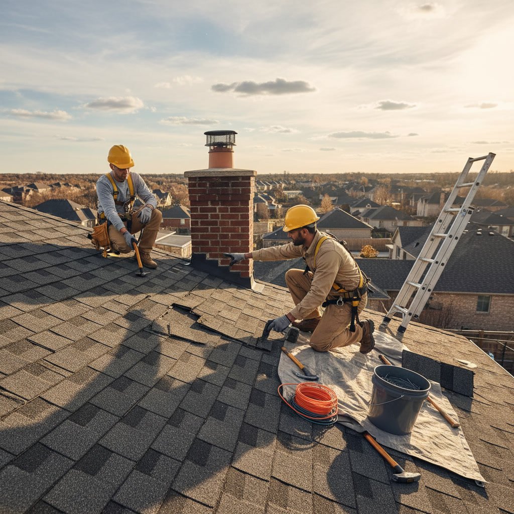 Professional roofing contractor inspecting residential roof in Kettering Ohio