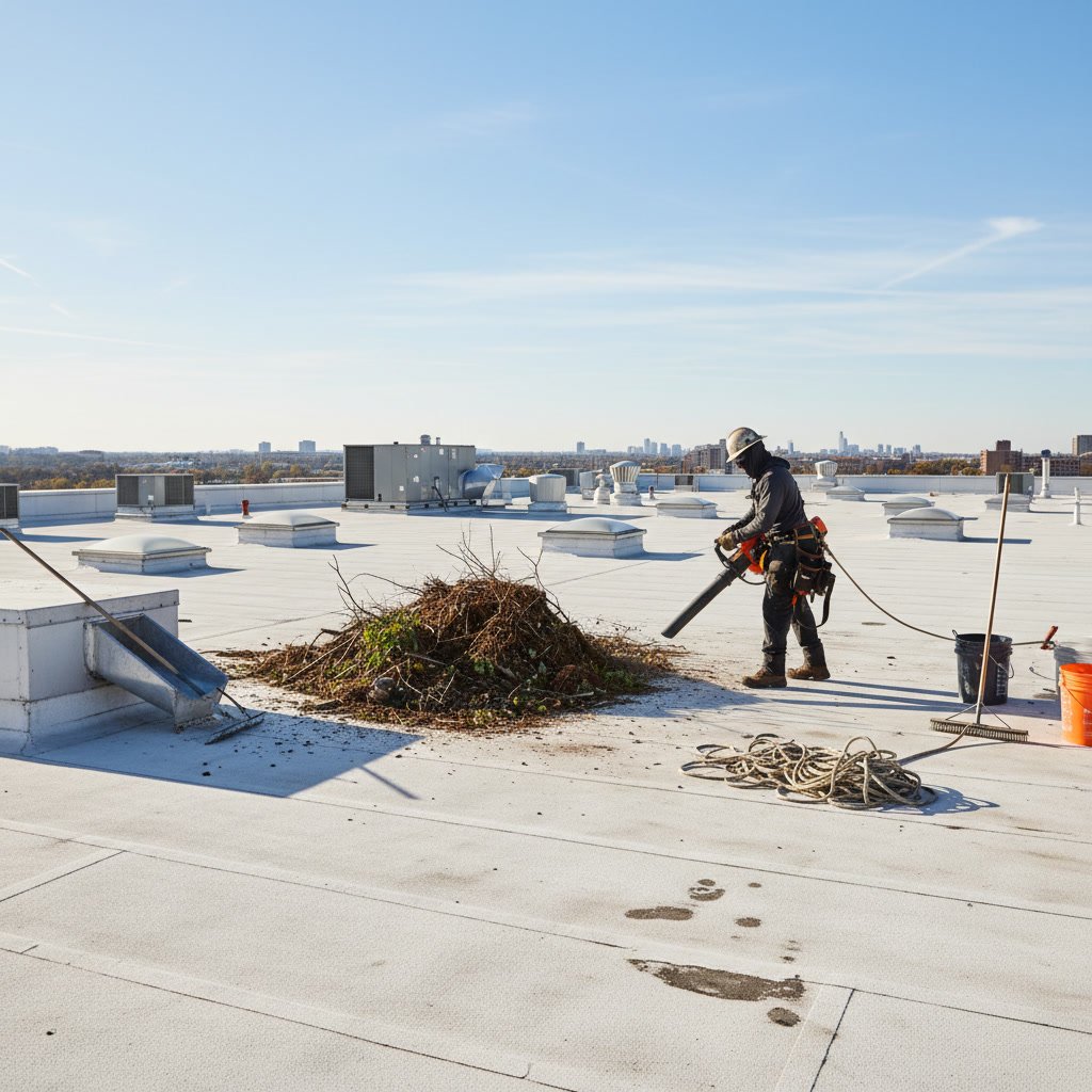 Commercial building owner inspecting TPO roof membrane for maintenance