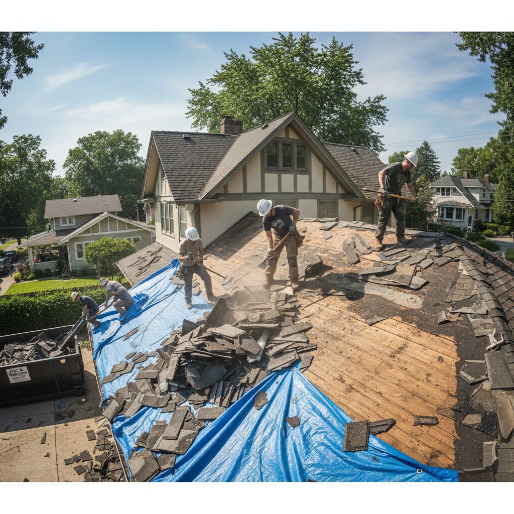 Roof tearoff process exposing damaged decking on residential home