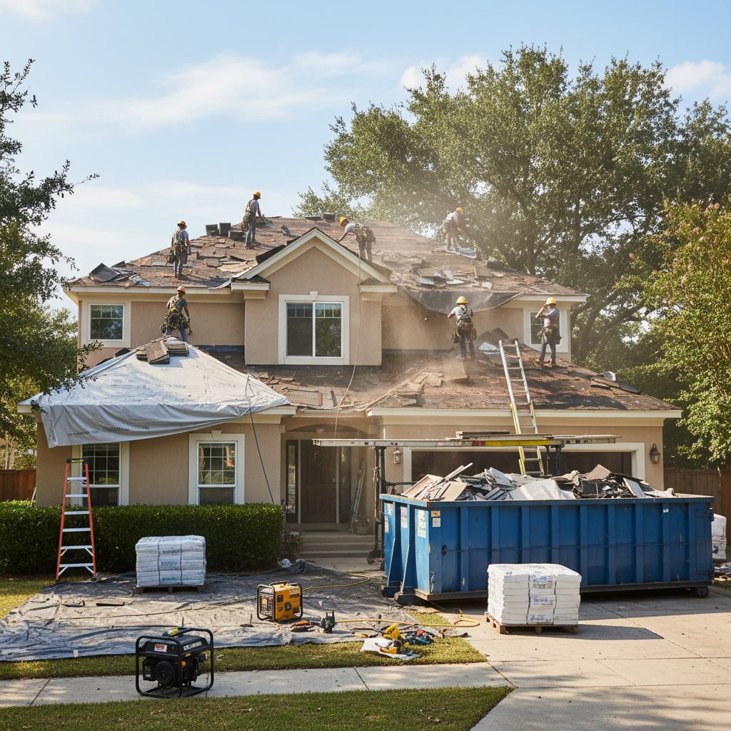 Homeowner preparing yard before roof replacement project