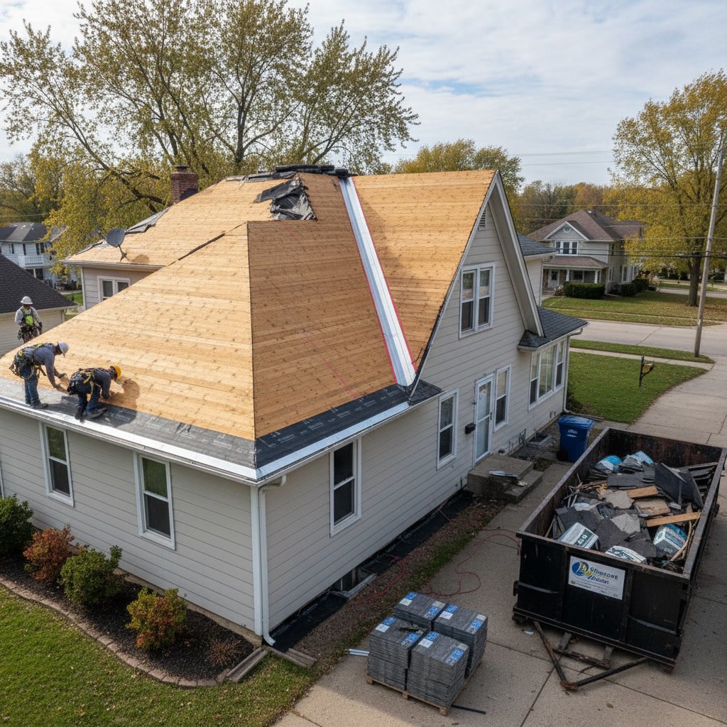 Metal flashing installation around chimney during roof replacement
