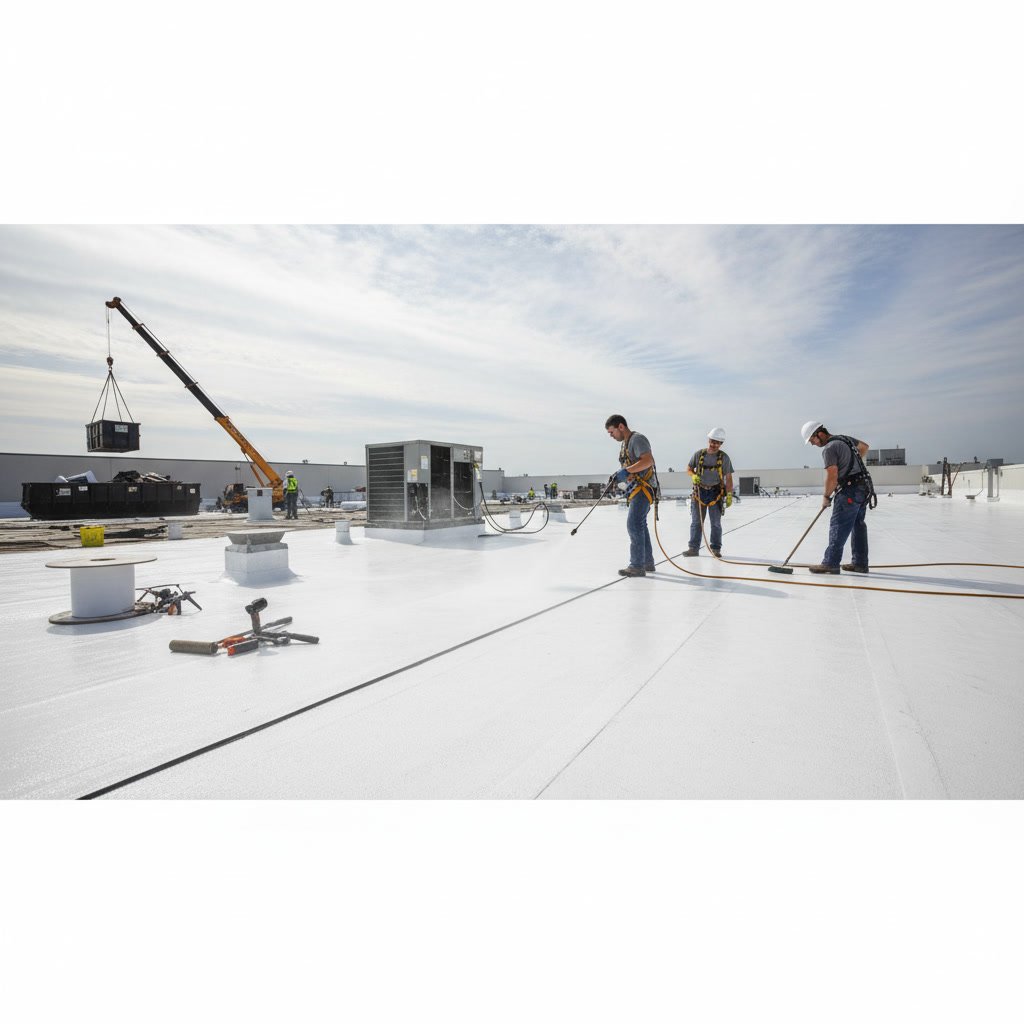 Commercial TPO roof on building in Kettering Ohio ready for annual maintenance inspection