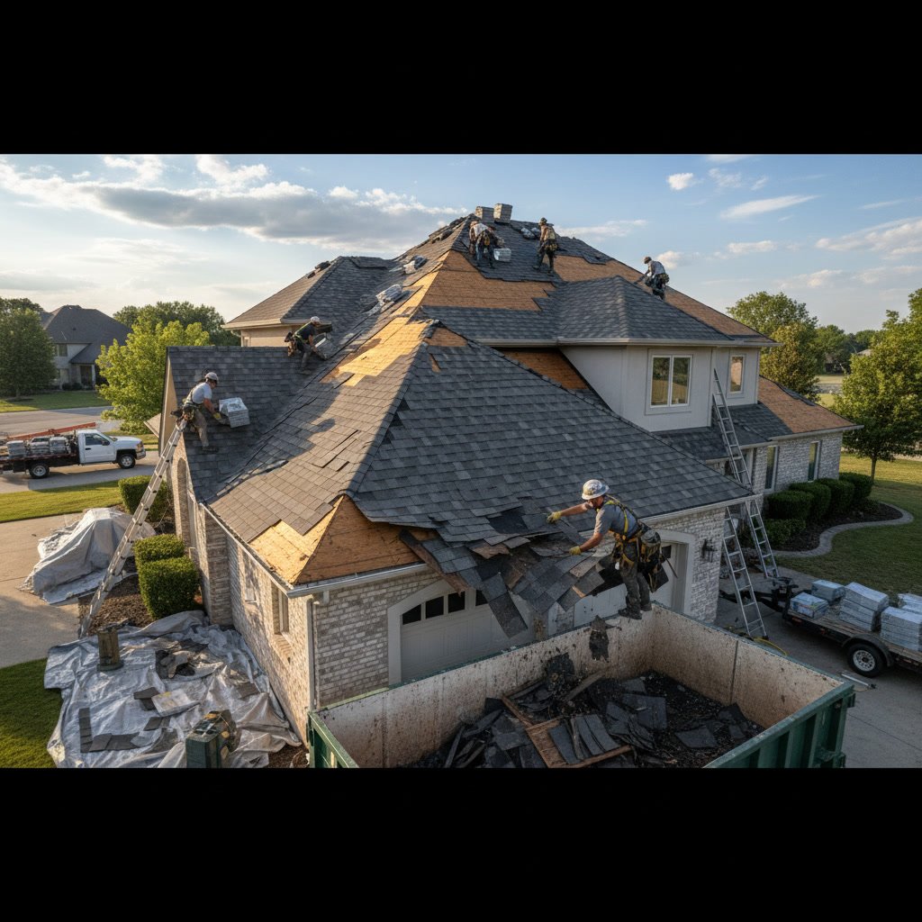 Professional roofing crew installing new shingles during complete roof replacement