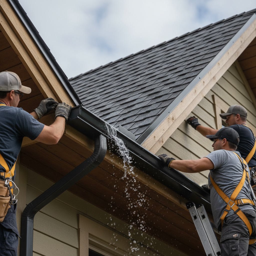 Professional contractor measuring home fascia and roofline for gutter installation