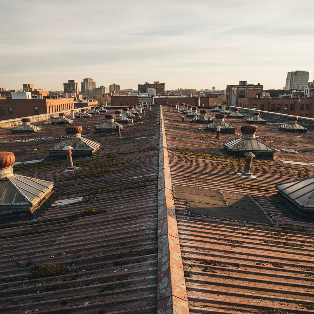 Commercial flat roof showing age-related wear and ponding water