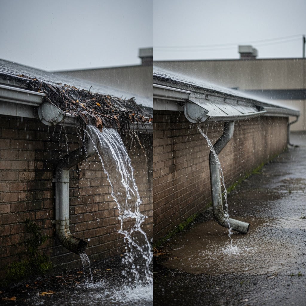 commercial building gutter showing structural damage and separation from fascia board