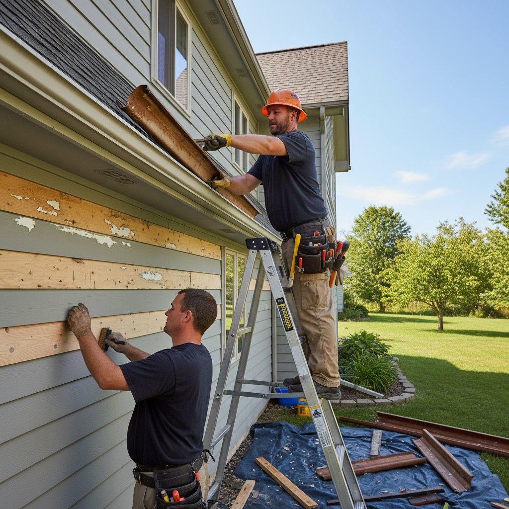 Seamless gutter machine forming aluminum gutter sections on residential property