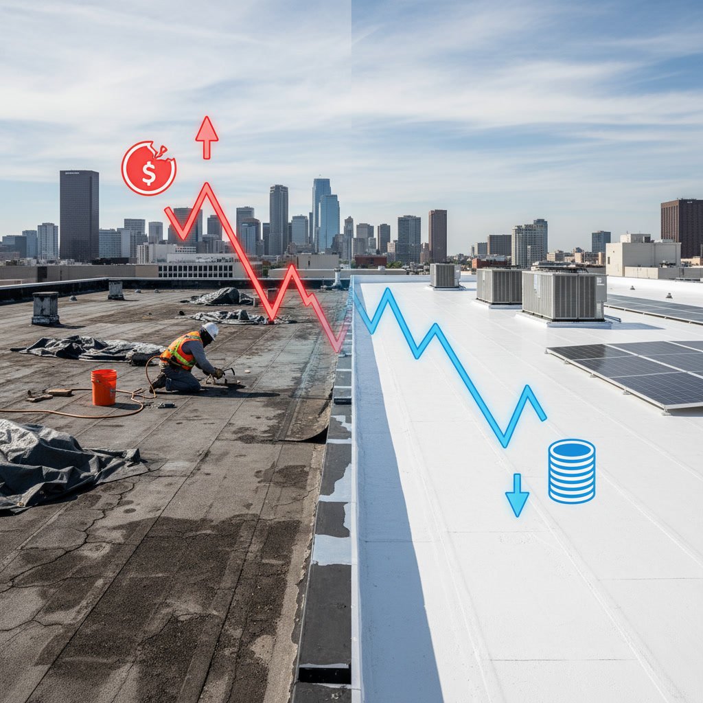 Commercial roofing contractor inspecting membrane damage on flat roof
