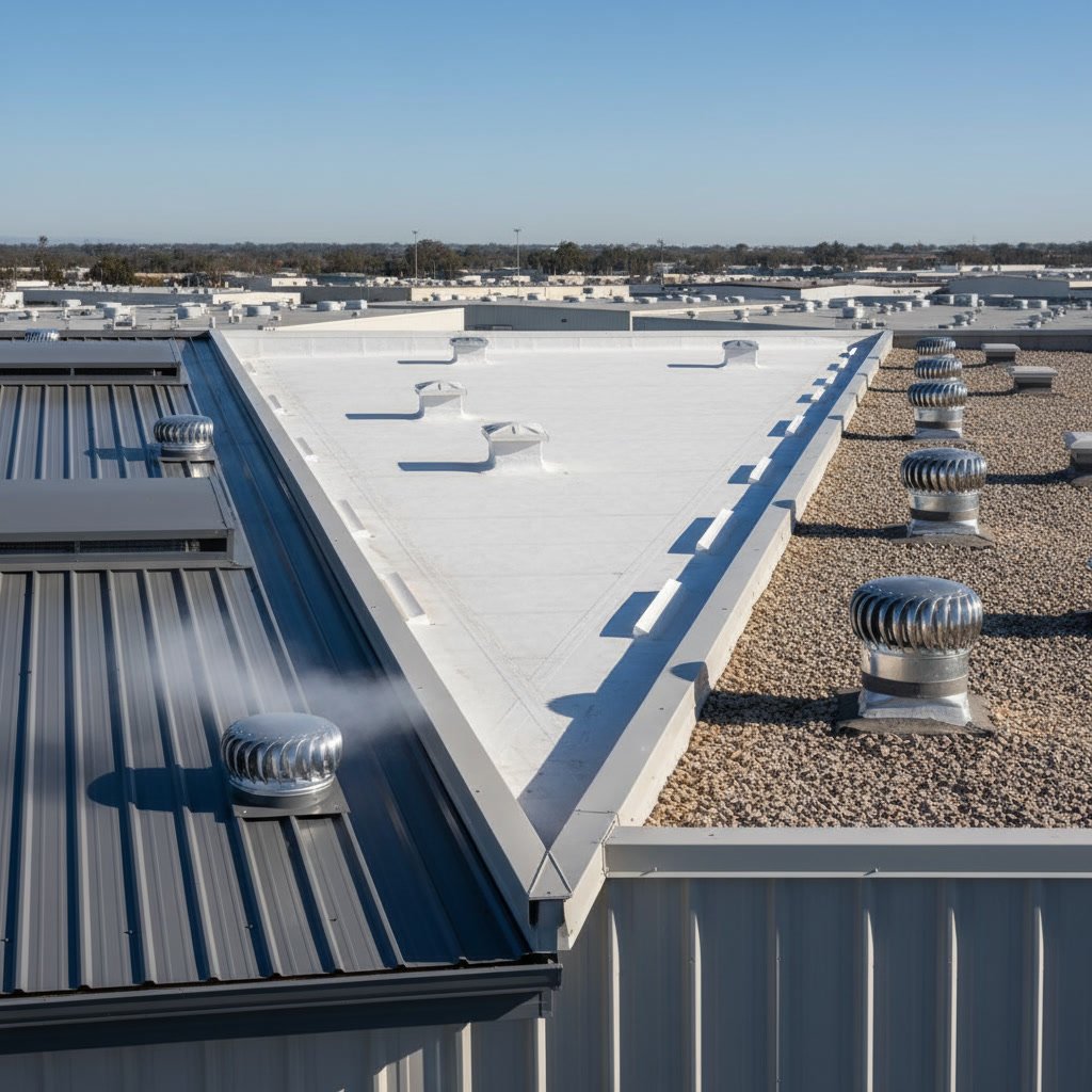Moisture damage on commercial roof deck showing condensation effects