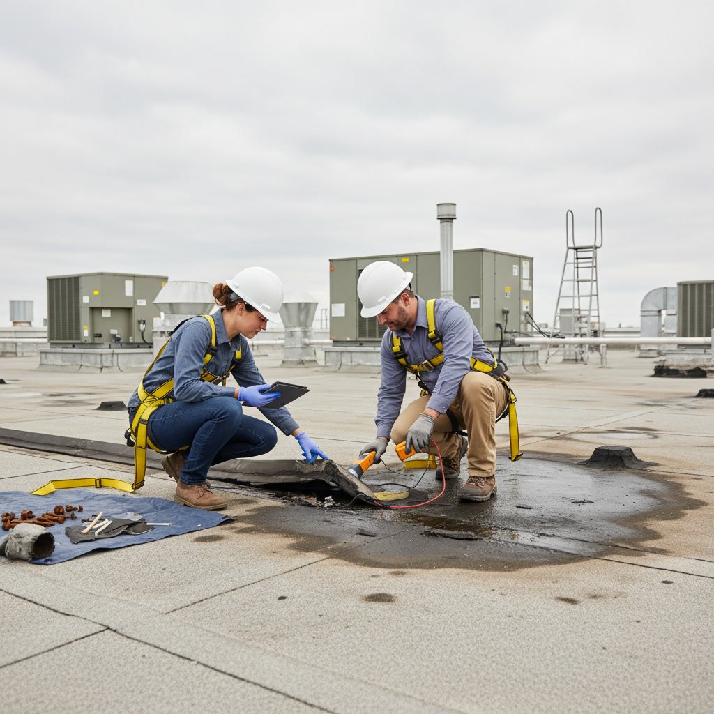 Commercial building owner reviewing roof replacement options with contractor