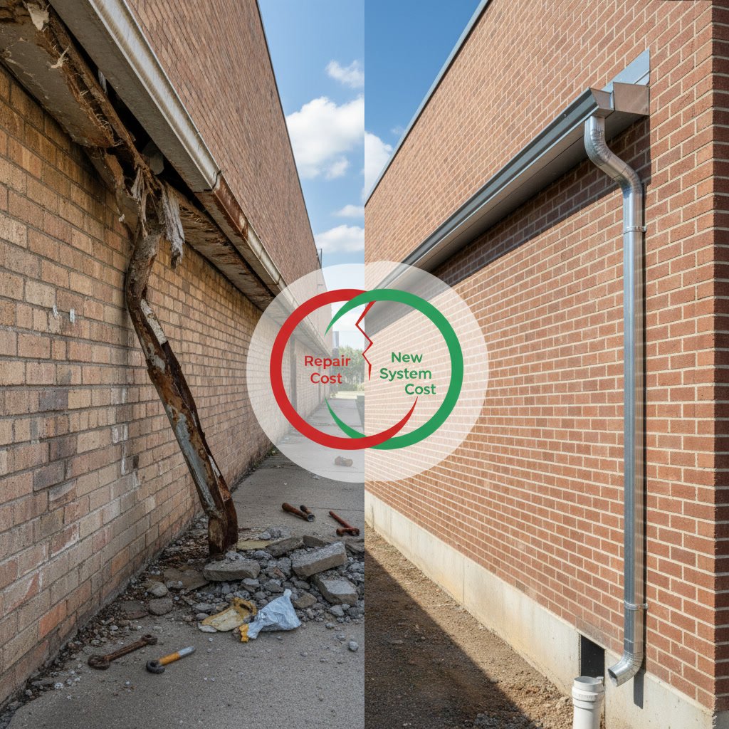 professional commercial gutter replacement installation on multi-story building