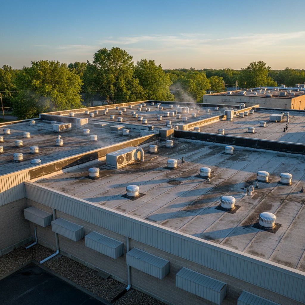 Professional inspecting commercial roof ventilation intake vents