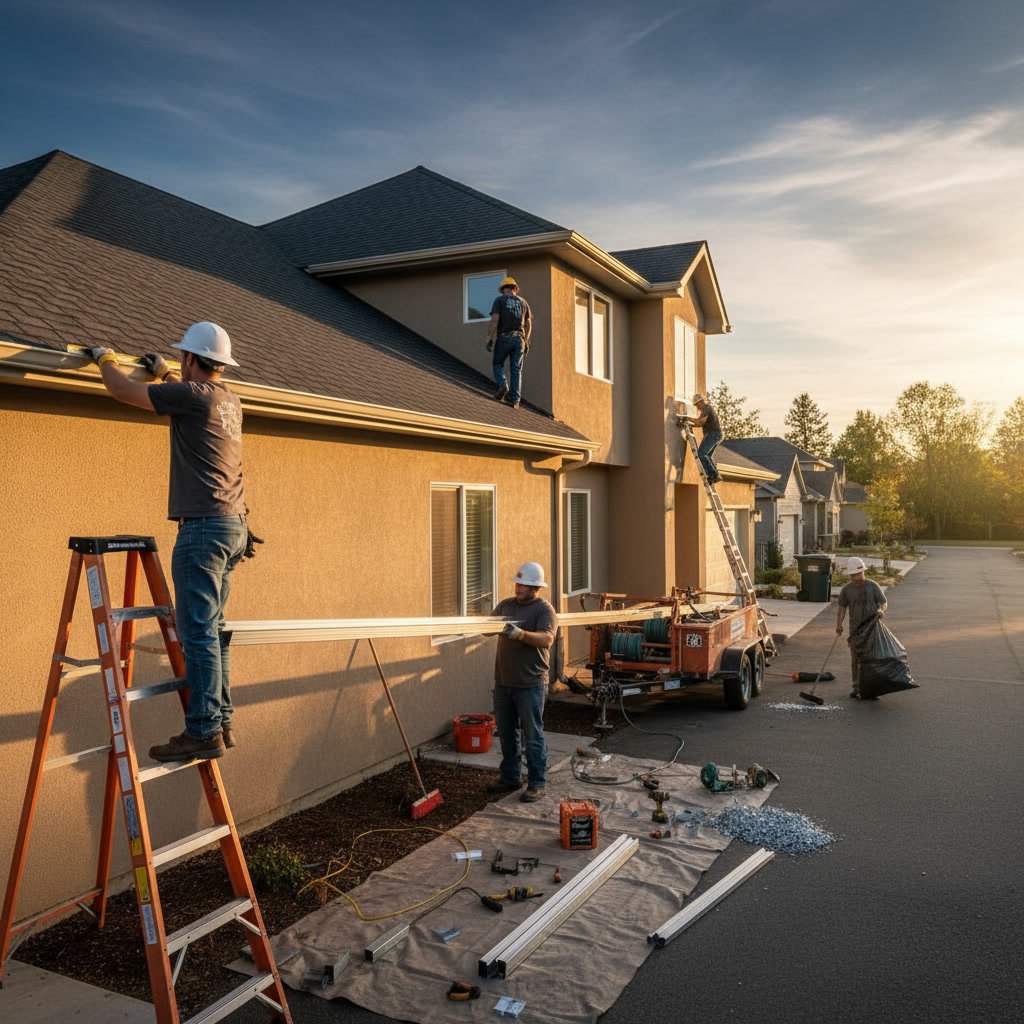Professional gutter installation crew working on residential home roofline