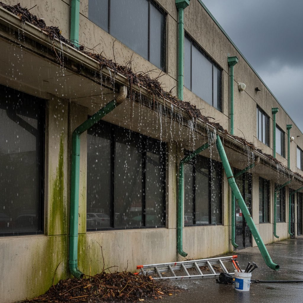 commercial building with damaged gutters showing visible separation and overflow damage