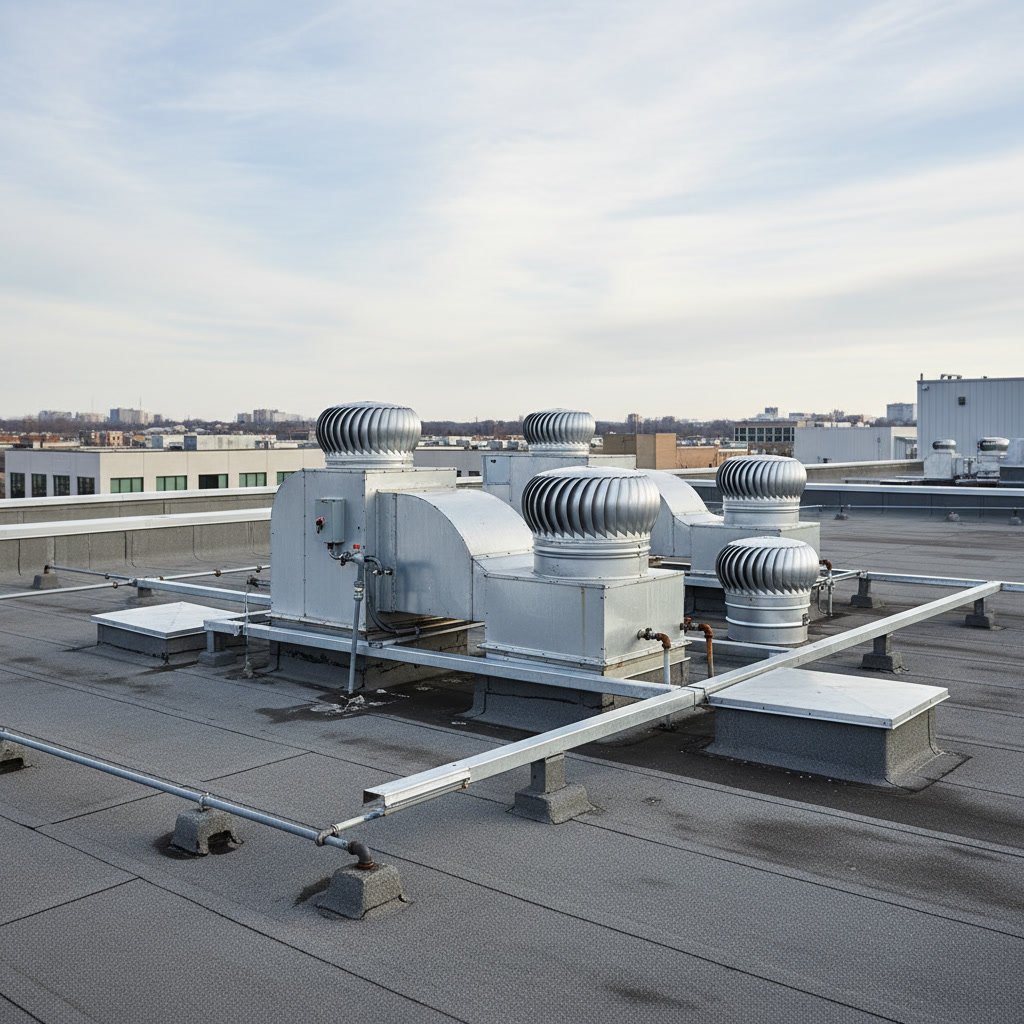 Commercial building with properly ventilated flat roof system